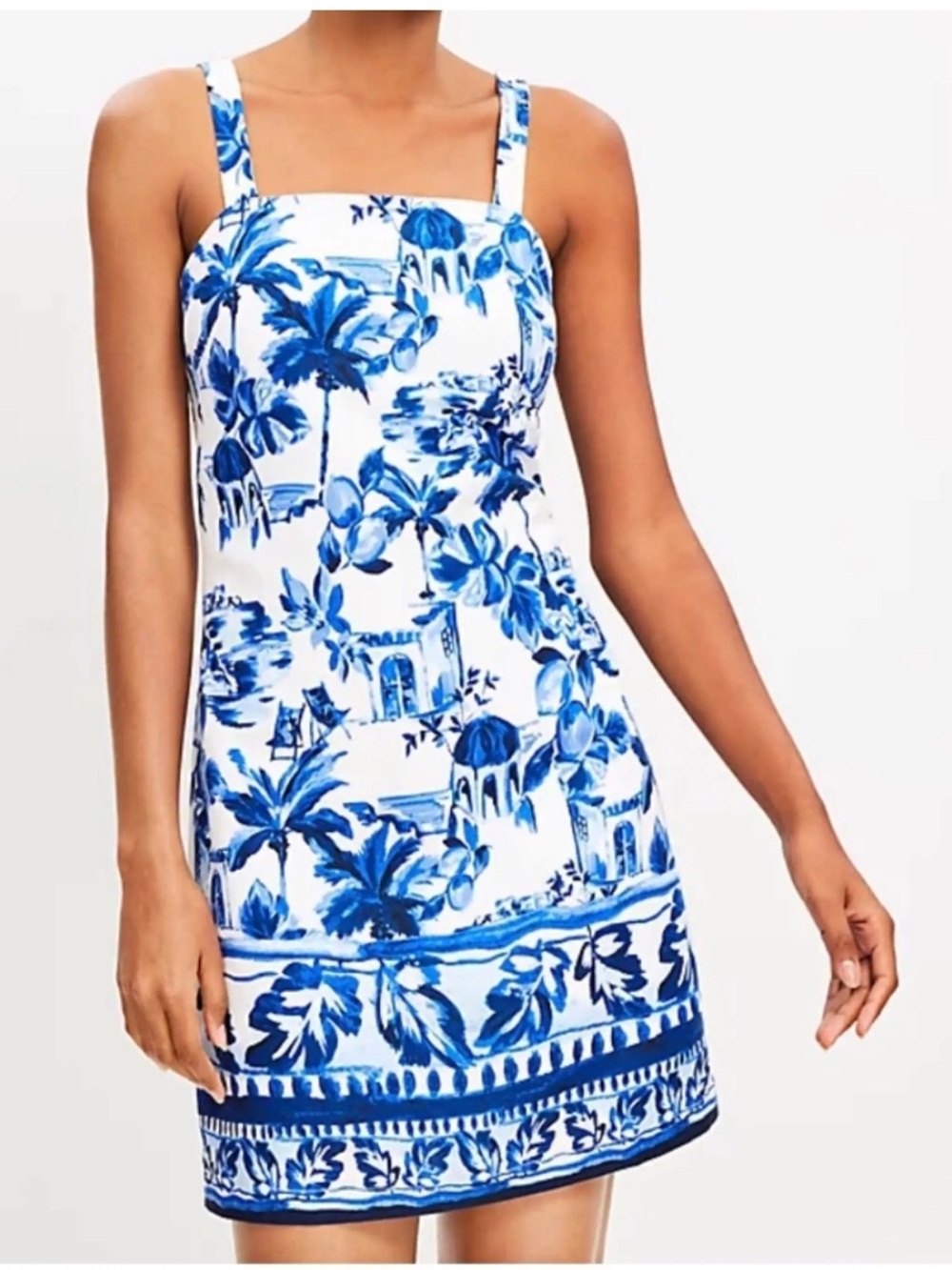 LOFT NWT Santorini Print Mini Dress 14 Blue White Mediterranean Coastal Linen